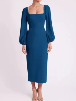 Robe de mariée pour mère col carré manches longues longueur thé robes d'invitées pour mariage