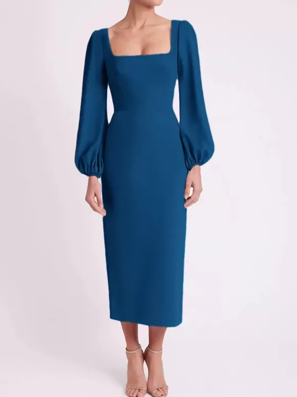 Robe de mariée pour mère col carré manches longues longueur thé robes d'invitées pour mariage