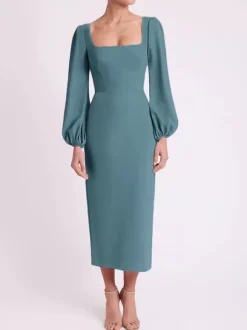 Robe de mariée pour mère col carré manches longues longueur thé robes d'invitées pour mariage