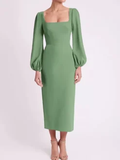 Robe de mariée pour mère col carré manches longues longueur thé robes d'invitées pour mariage
