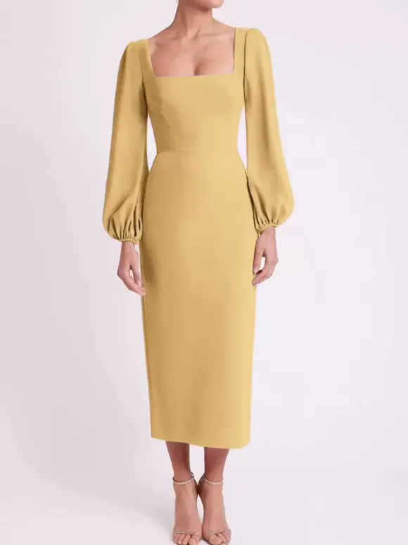 Robe de mariée pour mère col carré manches longues longueur thé robes d'invitées pour mariage