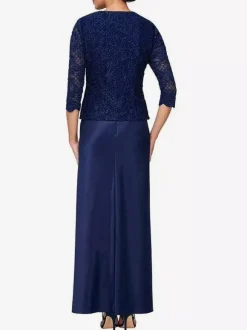 Robe de mariée pour mère col en bijou manches 3/4 robes d'invitées en dentelle sirène pour mariage