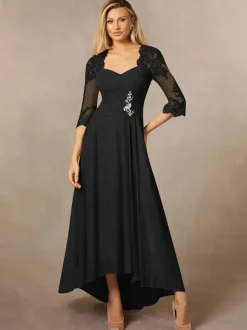 Robe de mariée pour mère col en c艙ur manches 3/4 ligne a robes d'invitées en dentelle pour mariage