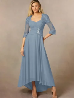Robe de mariée pour mère col en c艙ur manches 3/4 ligne a robes d'invitées en dentelle pour mariage