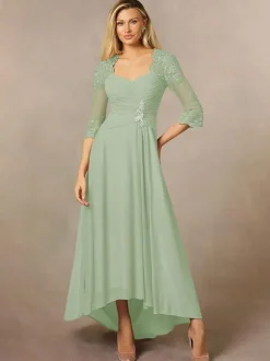 Robe de mariée pour mère col en c艙ur manches 3/4 ligne a robes d'invitées en dentelle pour mariage