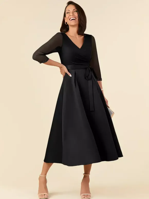 Robe de mariée pour mère col en V demi-manches ligne a ceinture longueur thé robes d'invitées de mariage