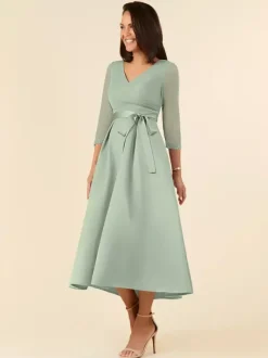 Robe de mariée pour mère col en V demi-manches ligne a ceinture longueur thé robes d'invitées de mariage