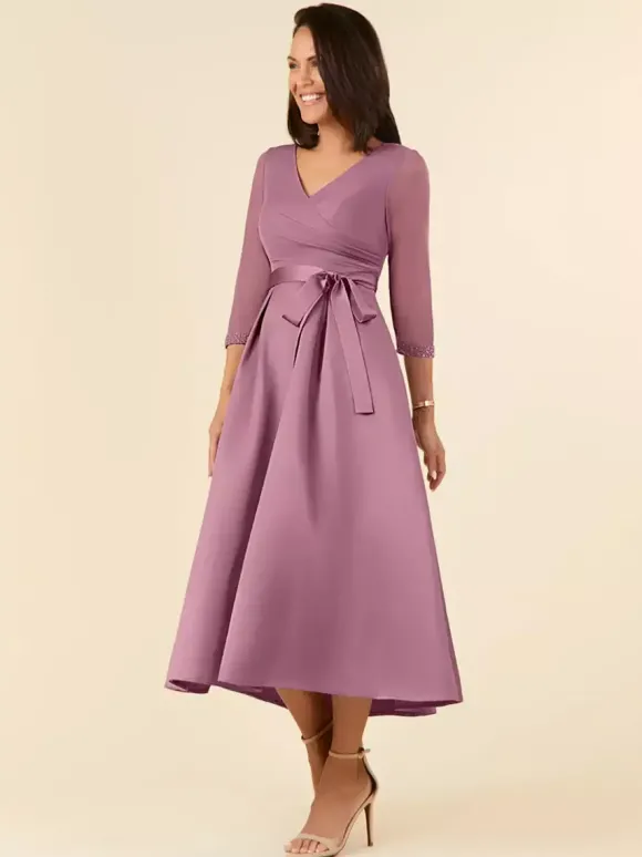 Robe de mariée pour mère col en V demi-manches ligne a ceinture longueur thé robes d'invitées de mariage