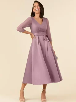 Robe de mariée pour mère col en V demi-manches ligne a ceinture longueur thé robes d'invitées de mariage