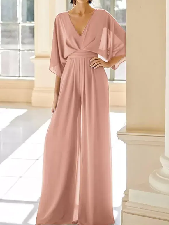 Robe de mariée pour mère col en V demi-manches combinaison robes d'invitées de mariage