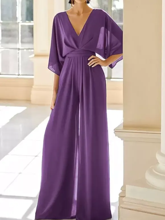 Robe de mariée pour mère col en V demi-manches combinaison robes d'invitées de mariage