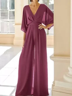 Robe de mariée pour mère col en V demi-manches combinaison robes d'invitées de mariage