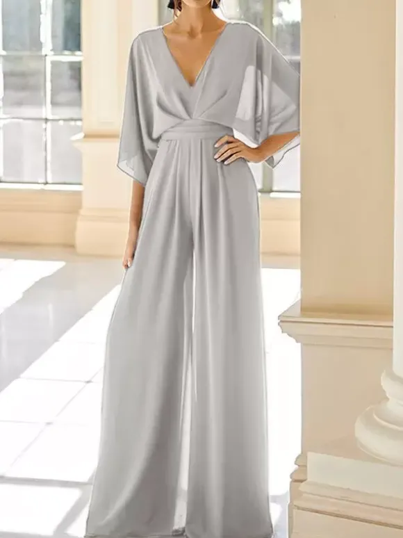 Robe de mariée pour mère col en V demi-manches combinaison robes d'invitées de mariage