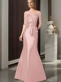 Robe de mariée pour mère décolleté illusion manches 3/4 n艙uds robes d'invitées de mariage sirène