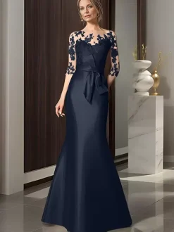 Robe de mariée pour mère décolleté illusion manches 3/4 n艙uds robes d'invitées de mariage sirène