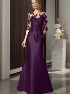 Robe de mariée pour mère décolleté illusion manches 3/4 n艙uds robes d'invitées de mariage sirène
