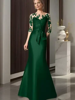 Robe de mariée pour mère décolleté illusion manches 3/4 n艙uds robes d'invitées de mariage sirène