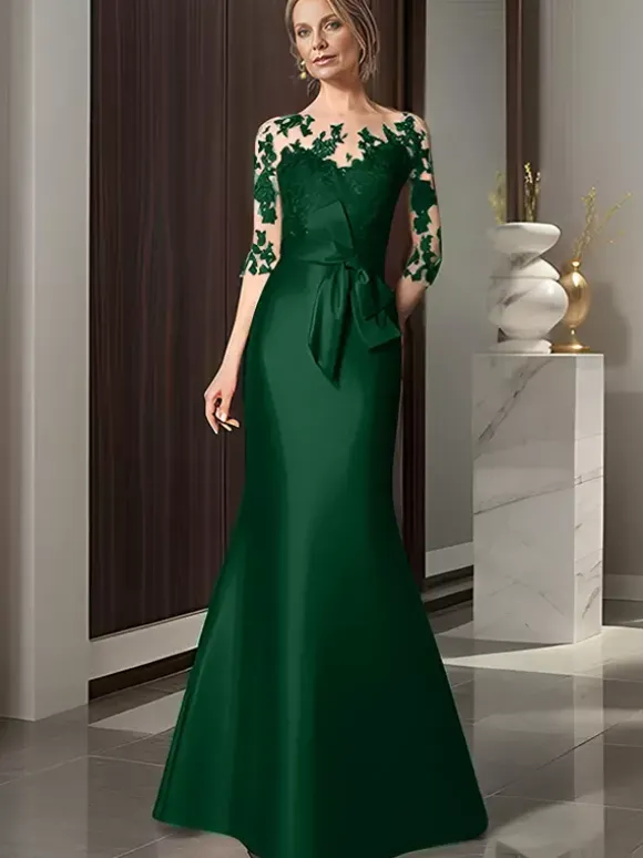 Robe de mariée pour mère décolleté illusion manches 3/4 n艙uds robes d'invitées de mariage sirène