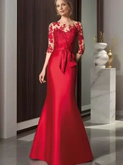 Robe de mariée pour mère décolleté illusion manches 3/4 n艙uds robes d'invitées de mariage sirène