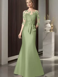 Robe de mariée pour mère décolleté illusion manches 3/4 n艙uds robes d'invitées de mariage sirène