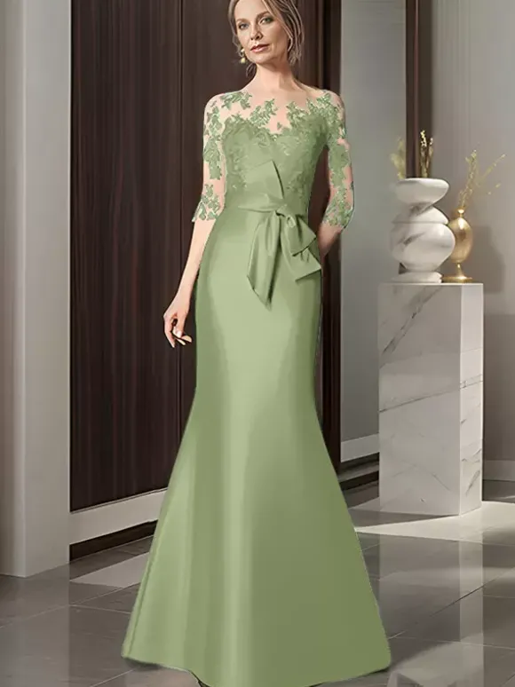 Robe de mariée pour mère décolleté illusion manches 3/4 n艙uds robes d'invitées de mariage sirène