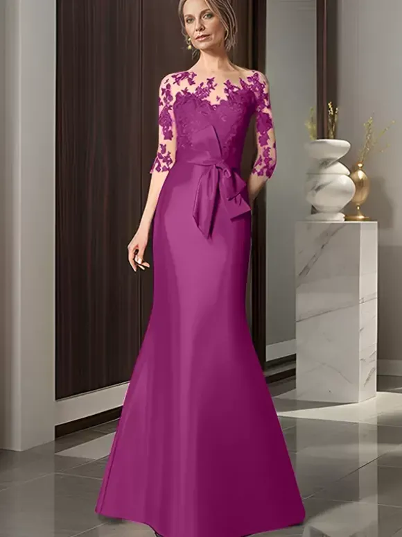 Robe de mariée pour mère décolleté illusion manches 3/4 n艙uds robes d'invitées de mariage sirène