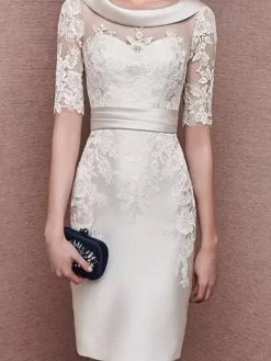 Robe de mariée pour mère de la mariée col à bijoux demi-manches dentelle longueur thé robes d'invitées pour mariage personnalisation gratuite