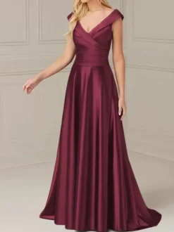 Robe de mariée pour mère de la mariée col en V sans manches ligne a plissée longueur au sol robes d'invitées de mariage