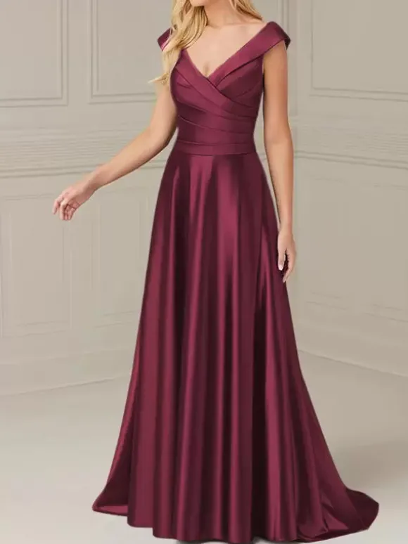 Robe de mariée pour mère de la mariée col en V sans manches ligne a plissée longueur au sol robes d'invitées de mariage