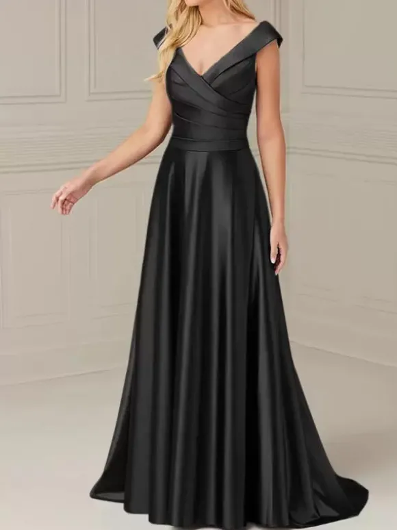 Robe de mariée pour mère de la mariée col en V sans manches ligne a plissée longueur au sol robes d'invitées de mariage