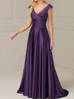 Robe de mariée pour mère de la mariée col en V sans manches ligne a plissée longueur au sol robes d'invitées de mariage