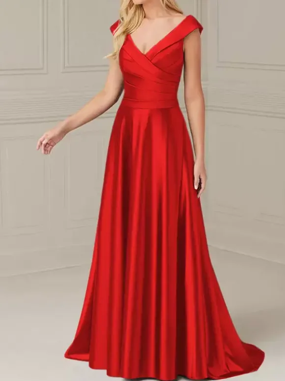 Robe de mariée pour mère de la mariée col en V sans manches ligne a plissée longueur au sol robes d'invitées de mariage