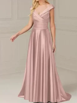 Robe de mariée pour mère de la mariée col en V sans manches ligne a plissée longueur au sol robes d'invitées de mariage