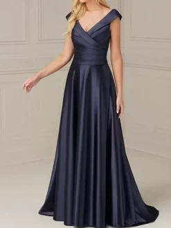 Robe de mariée pour mère de la mariée col en V sans manches ligne a plissée longueur au sol robes d'invitées de mariage