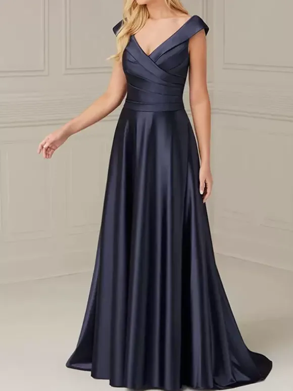 Robe de mariée pour mère de la mariée col en V sans manches ligne a plissée longueur au sol robes d'invitées de mariage