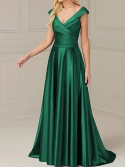 Robe de mariée pour mère de la mariée col en V sans manches ligne a plissée longueur au sol robes d'invitées de mariage
