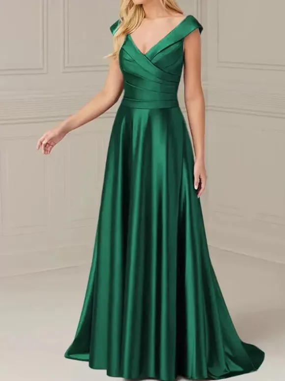 Robe de mariée pour mère de la mariée col en V sans manches ligne a plissée longueur au sol robes d'invitées de mariage
