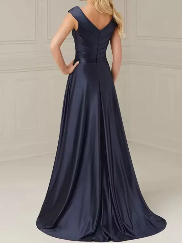 Robe de mariée pour mère de la mariée col en V sans manches ligne a plissée longueur au sol robes d'invitées de mariage