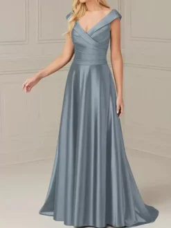 Robe de mariée pour mère de la mariée col en V sans manches ligne a plissée longueur au sol robes d'invitées de mariage