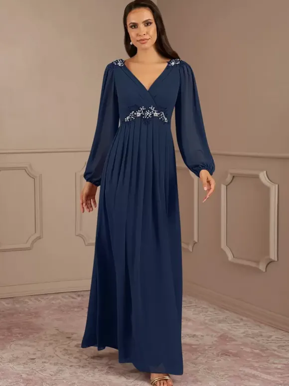 Robe de mariée pour mère de la mariée col en V manches longues ligne a longueur au sol robes d'invitées de mariage
