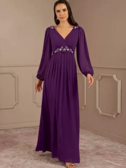 Robe de mariée pour mère de la mariée col en V manches longues ligne a longueur au sol robes d'invitées de mariage