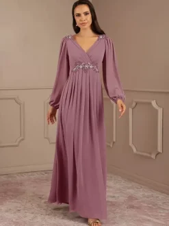 Robe de mariée pour mère de la mariée col en V manches longues ligne a longueur au sol robes d'invitées de mariage