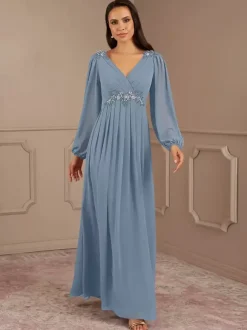 Robe de mariée pour mère de la mariée col en V manches longues ligne a longueur au sol robes d'invitées de mariage