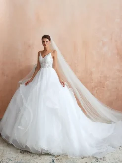 Robe de mariée princesse en dentelle col V laçage sur dos à traîne robe de mariage
