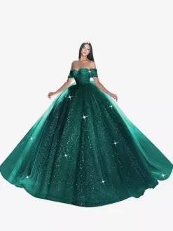 Robe de mariée princesse en dentelle à paillete bustier hors des épaules au sol