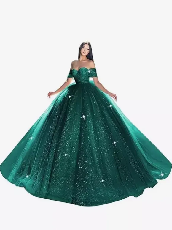 Robe de mariée princesse en dentelle à paillete bustier hors des épaules au sol