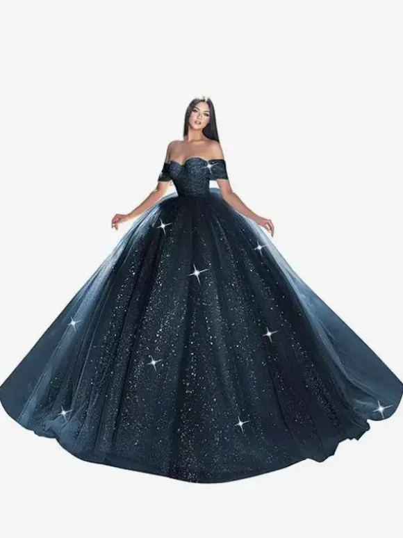 Robe de mariée princesse en dentelle à paillete bustier hors des épaules au sol