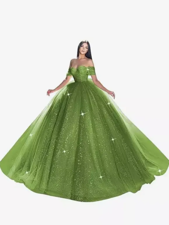 Robe de mariée princesse en dentelle à paillete bustier hors des épaules au sol