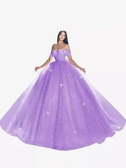 Robe de mariée princesse en dentelle à paillete bustier hors des épaules au sol