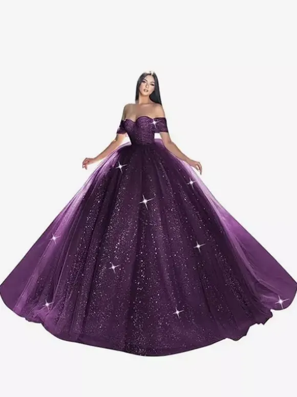 Robe de mariée princesse en dentelle à paillete bustier hors des épaules au sol